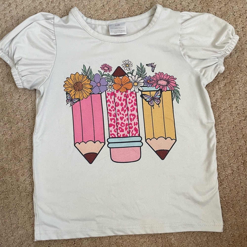 Girls 3/4 Pencil Flowers School Shirt